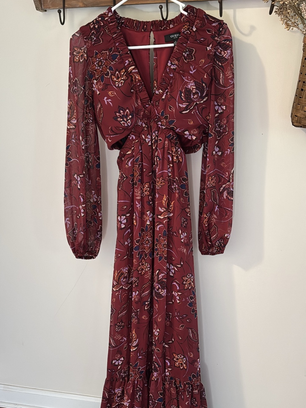 GUESS Burgundy Floral Long Sleeve Maxi Dress